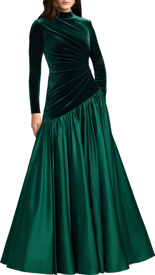 Elegant A-Line High Neck Long Sleeve Ruched Emerald Green Mother of the Bride Gown