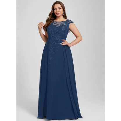 Elegant A-Line Illusion Cap Sleeve Embellished Navy Blue Floor-Length Prom Dress