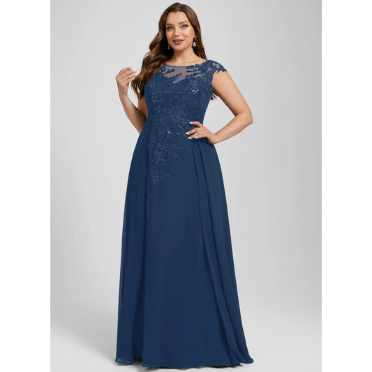 Elegant A-Line Illusion Cap Sleeve Embellished Navy Blue Floor-Length Prom Dress