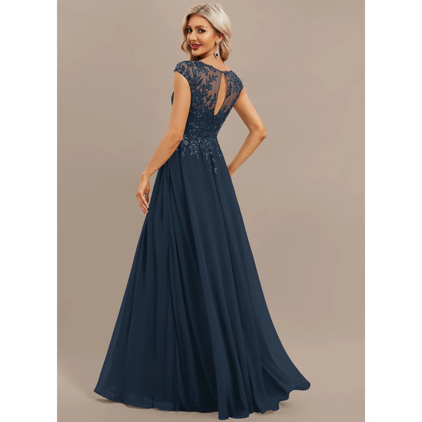 Elegant A-Line Illusion Cap Sleeve Embellished Navy Blue Floor-Length Prom Dress