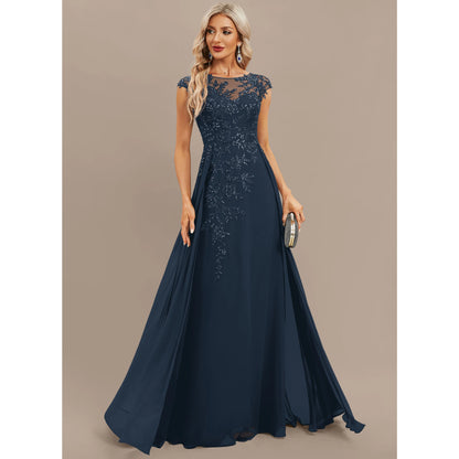 Elegant A-Line Illusion Cap Sleeve Embellished Navy Blue Floor-Length Prom Dress