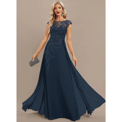 Elegant A-Line Illusion Cap Sleeve Embellished Navy Blue Floor-Length Prom Dress