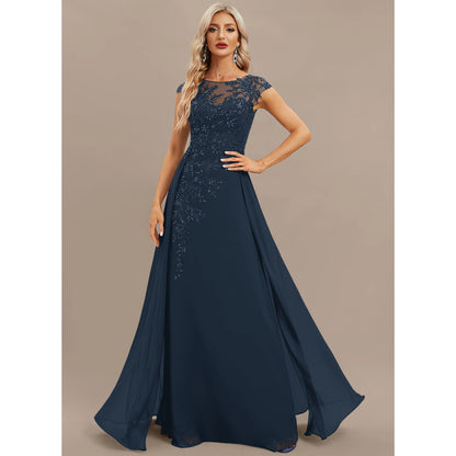 Elegant A-Line Illusion Cap Sleeve Embellished Navy Blue Floor-Length Prom Dress