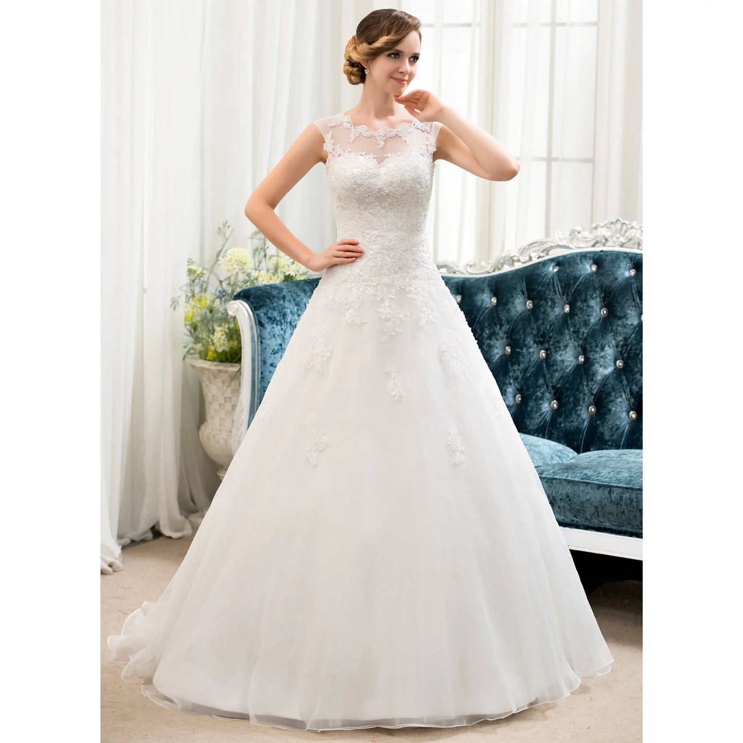 Elegant A-Line Illusion Cap Sleeve Lace White Floor-Length Wedding Gown