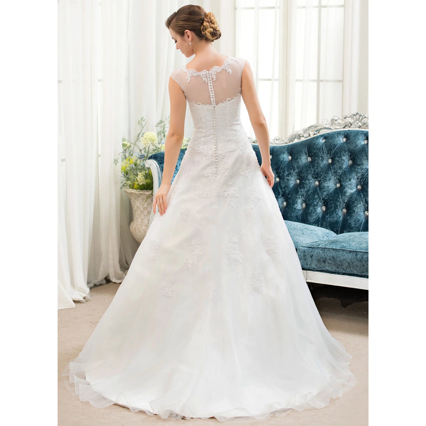 Elegant A-Line Illusion Cap Sleeve Lace White Floor-Length Wedding Gown