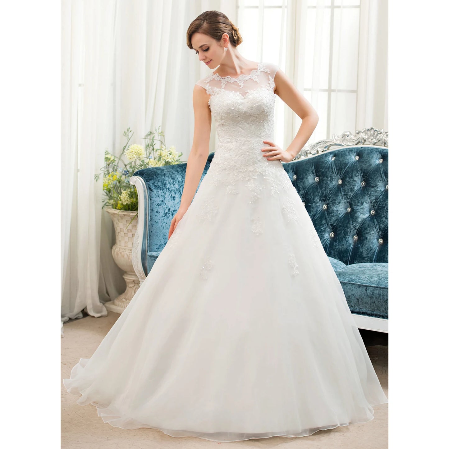 Elegant A-Line Illusion Cap Sleeve Lace White Floor-Length Wedding Gown