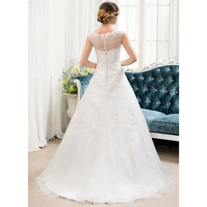 Elegant A-Line Illusion Cap Sleeve Lace White Floor-Length Wedding Gown