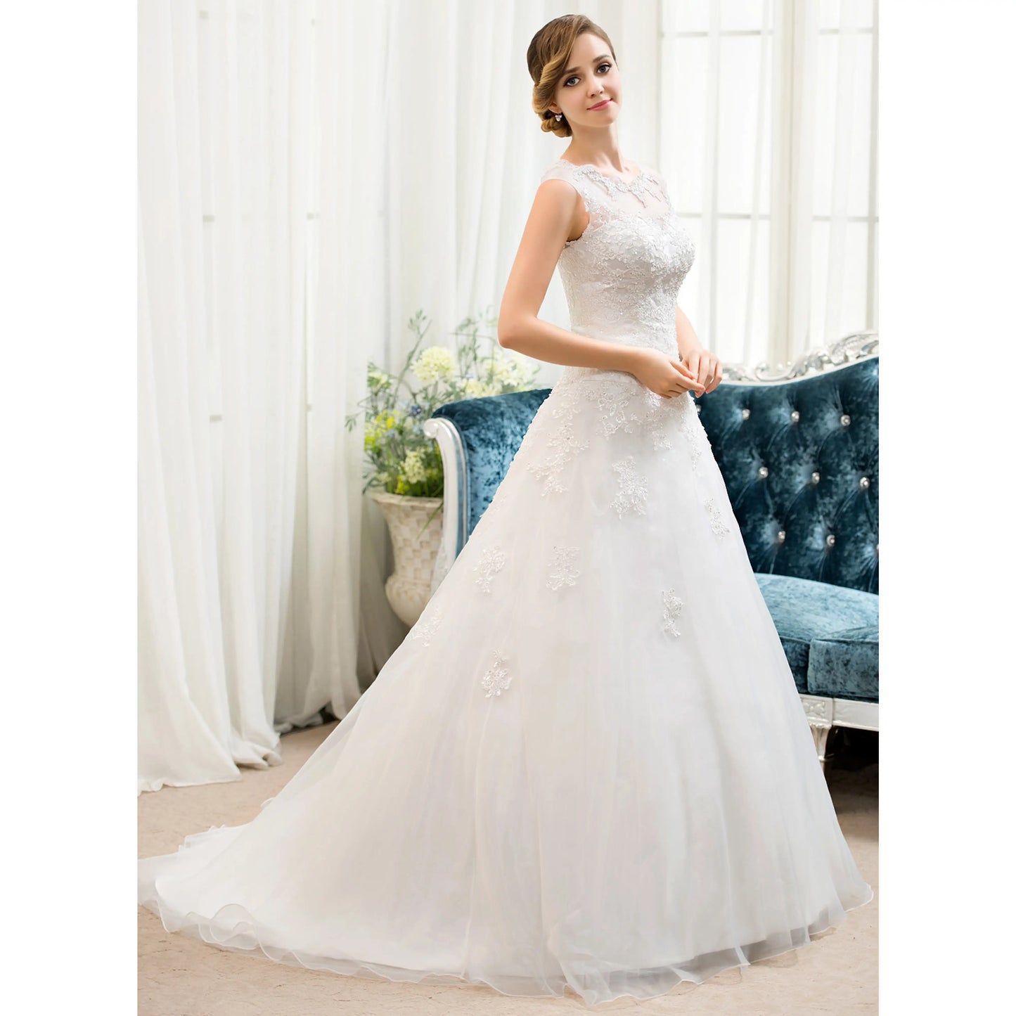 Elegant A-Line Illusion Cap Sleeve Lace White Floor-Length Wedding Gown