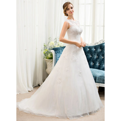 Elegant A-Line Illusion Cap Sleeve Lace White Floor-Length Wedding Gown