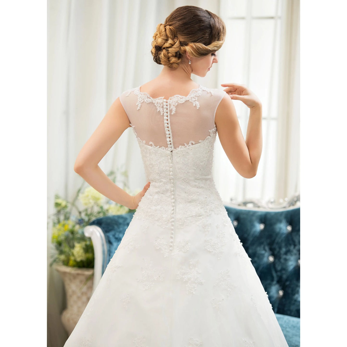 Elegant A-Line Illusion Cap Sleeve Lace White Floor-Length Wedding Gown