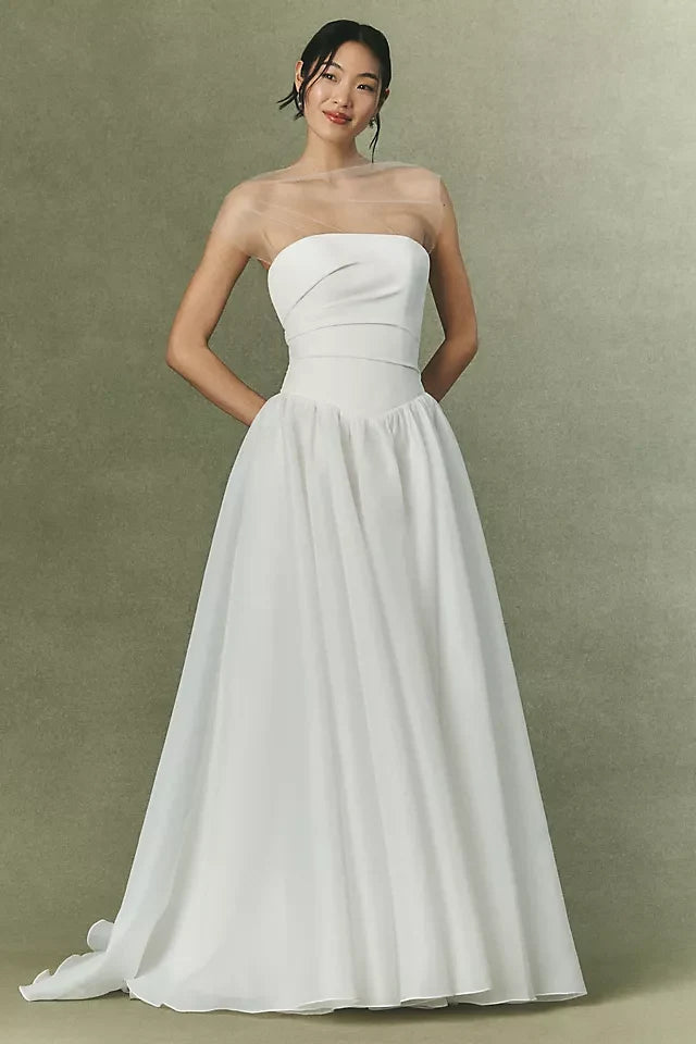 Elegant A-Line Illusion High Neck Sleeveless Modern White Floor-Length Wedding Dresses for Brides