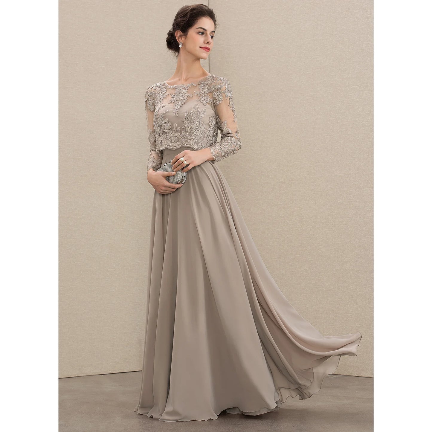 Elegant A-Line Illusion Long Sleeve Beaded Taupe Floor-Length Mother of the Bride Dress