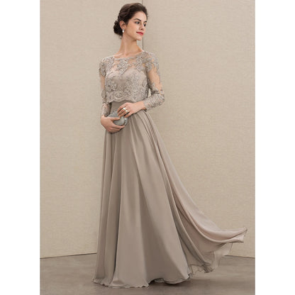 Elegant A-Line Illusion Long Sleeve Beaded Taupe Floor-Length Mother of the Bride Dress