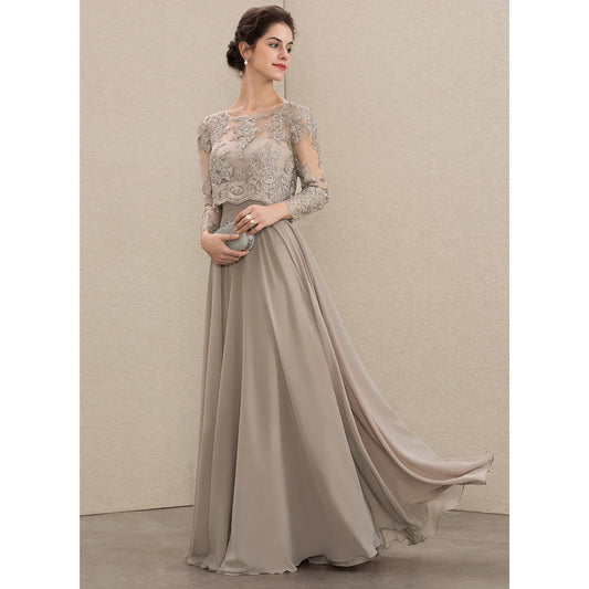 Elegant A-Line Illusion Long Sleeve Beaded Taupe Floor-Length Mother of the Bride Dress