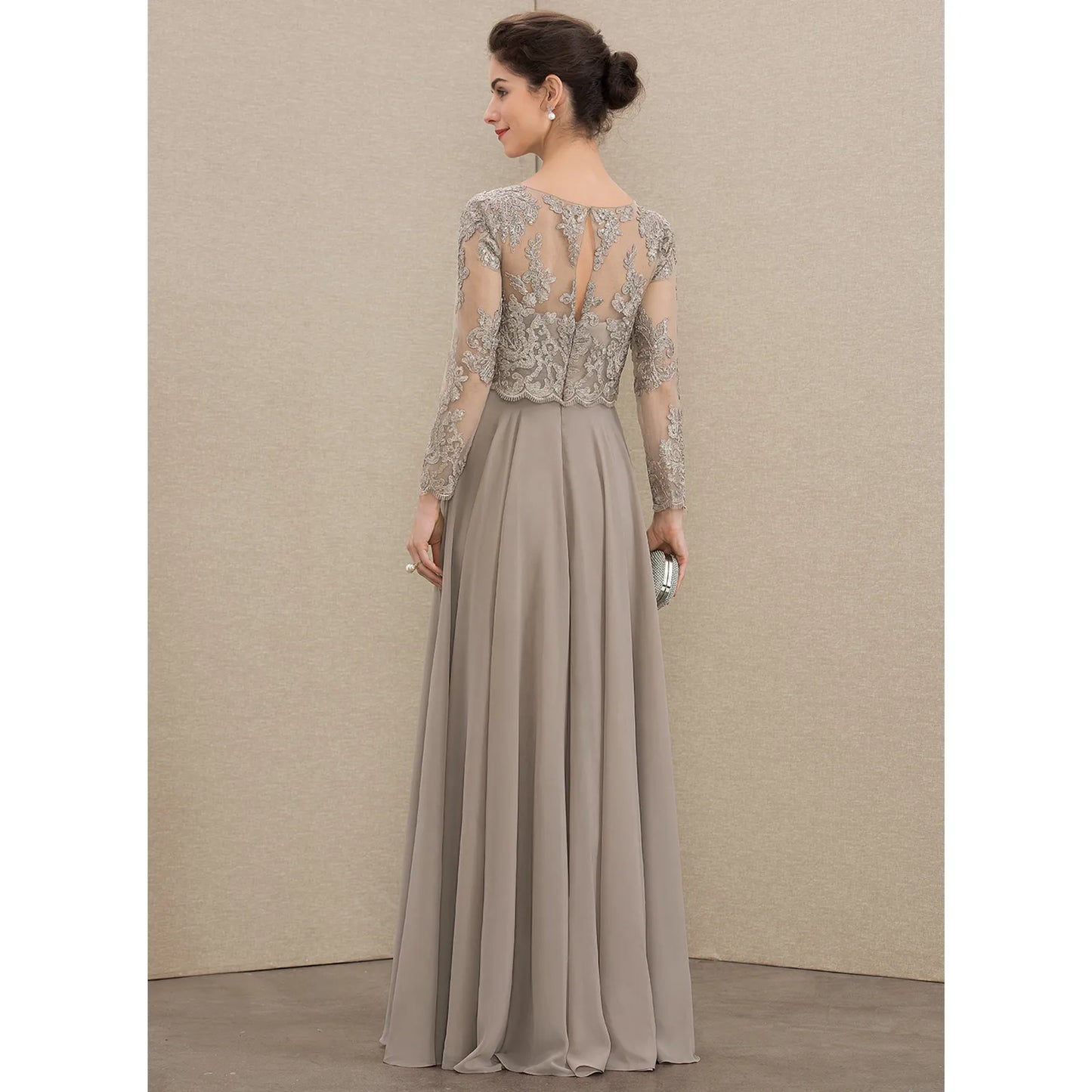 Elegant A-Line Illusion Long Sleeve Beaded Taupe Floor-Length Mother of the Bride Dress
