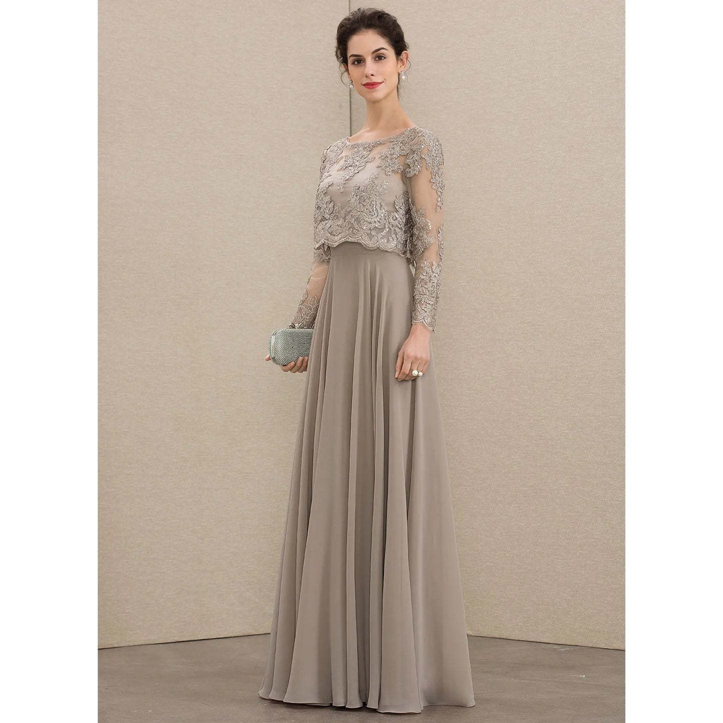 Elegant A-Line Illusion Long Sleeve Beaded Taupe Floor-Length Mother of the Bride Dress