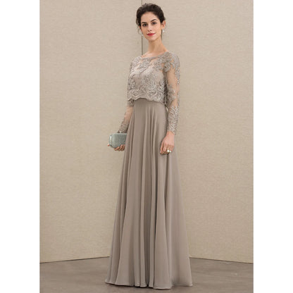 Elegant A-Line Illusion Long Sleeve Beaded Taupe Floor-Length Mother of the Bride Dress
