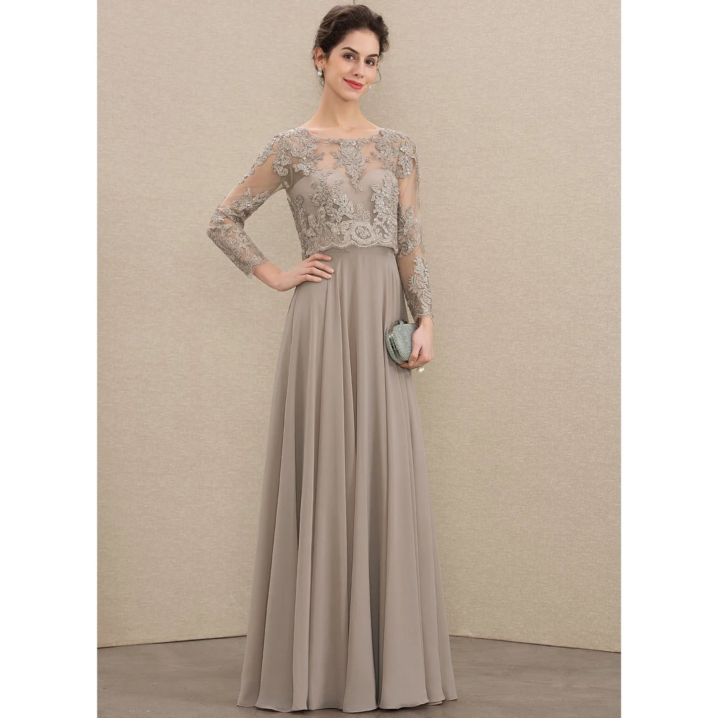 Elegant A-Line Illusion Long Sleeve Beaded Taupe Floor-Length Mother of the Bride Dress