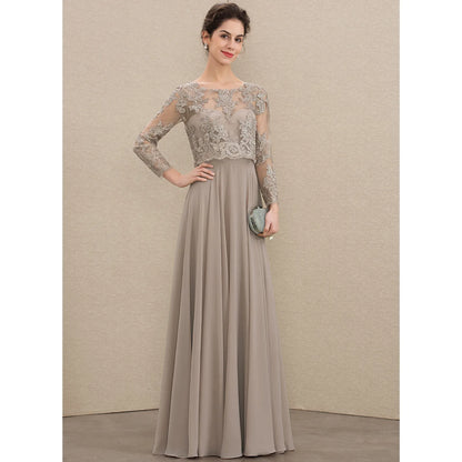 Elegant A-Line Illusion Long Sleeve Beaded Taupe Floor-Length Mother of the Bride Dress