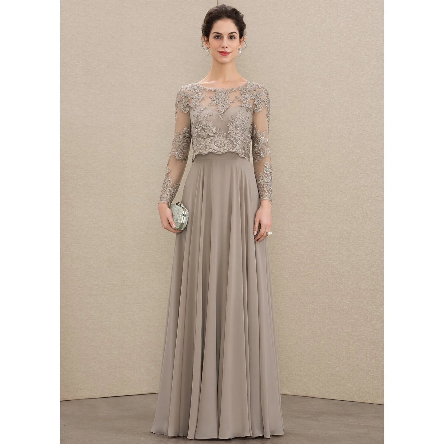Elegant A-Line Illusion Long Sleeve Beaded Taupe Floor-Length Mother of the Bride Dress