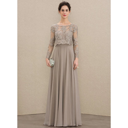 Elegant A-Line Illusion Long Sleeve Beaded Taupe Floor-Length Mother of the Bride Dress