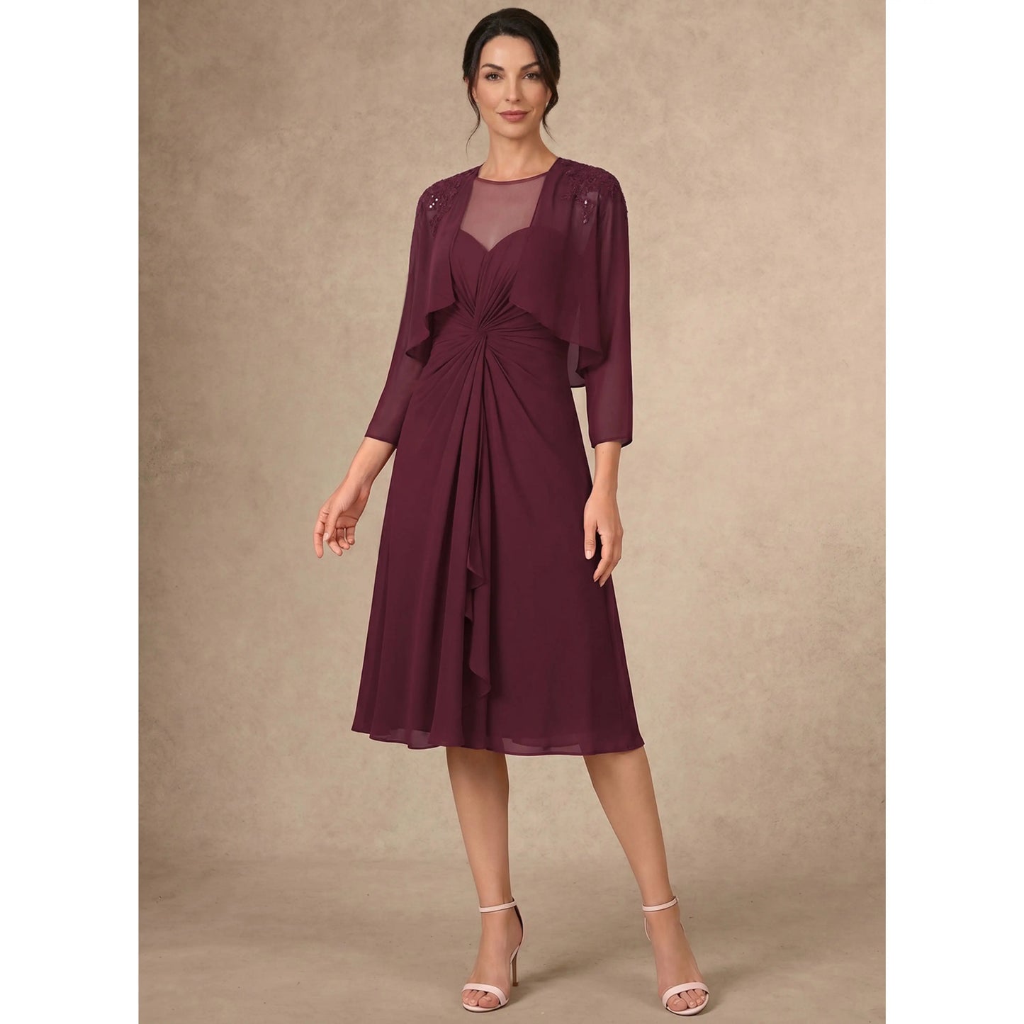 Elegant A-Line Illusion Neck Embellished Burgundy Knee-Length Mother of the Bride Dress