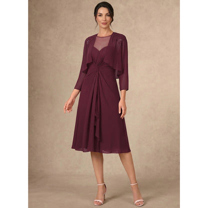 Elegant A-Line Illusion Neck Embellished Burgundy Knee-Length Mother of the Bride Dress
