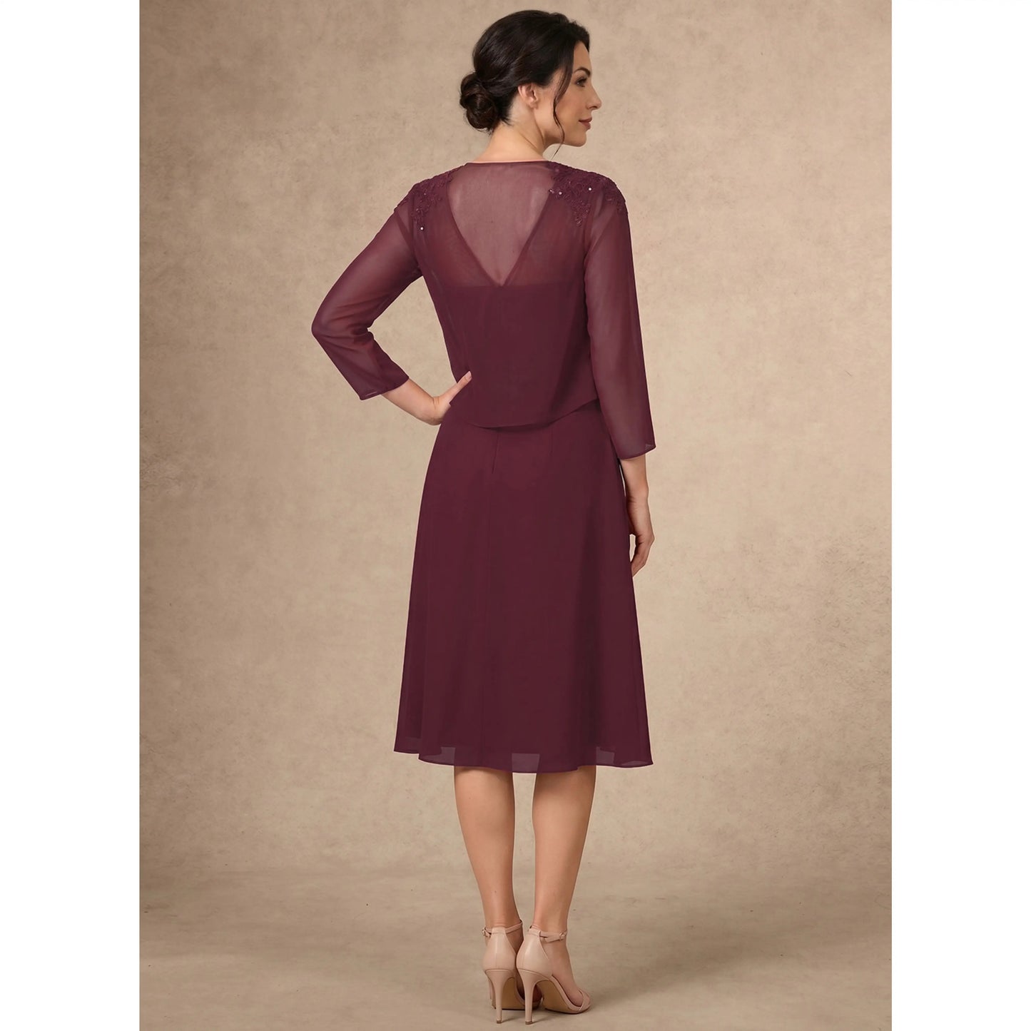 Elegant A-Line Illusion Neck Embellished Burgundy Knee-Length Mother of the Bride Dress