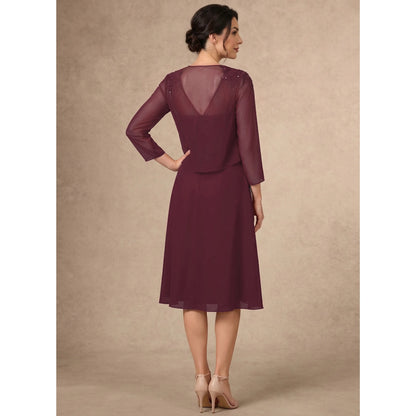 Elegant A-Line Illusion Neck Embellished Burgundy Knee-Length Mother of the Bride Dress