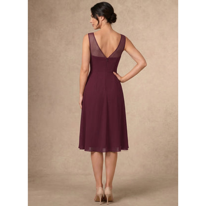 Elegant A-Line Illusion Neck Embellished Burgundy Knee-Length Mother of the Bride Dress