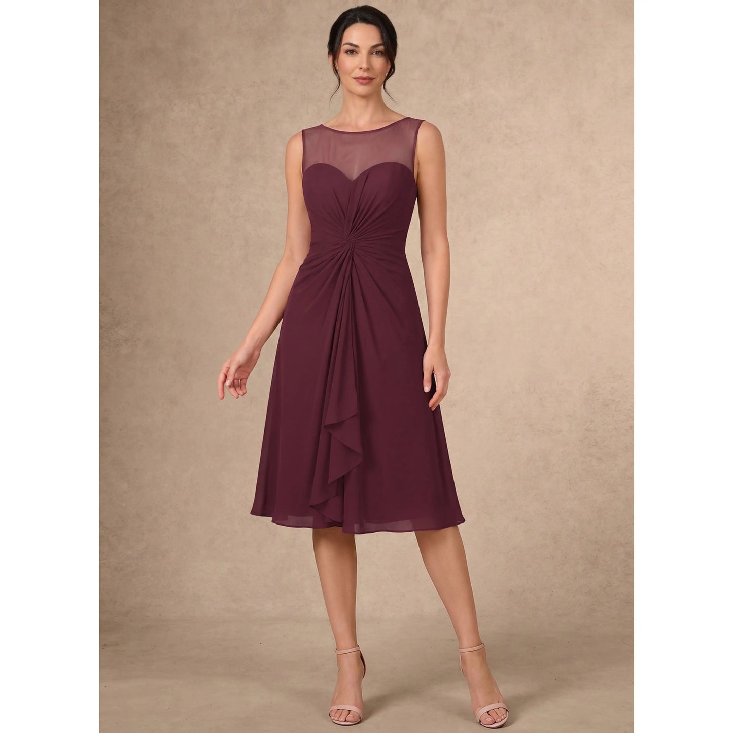 Elegant A-Line Illusion Neck Embellished Burgundy Knee-Length Mother of the Bride Dress