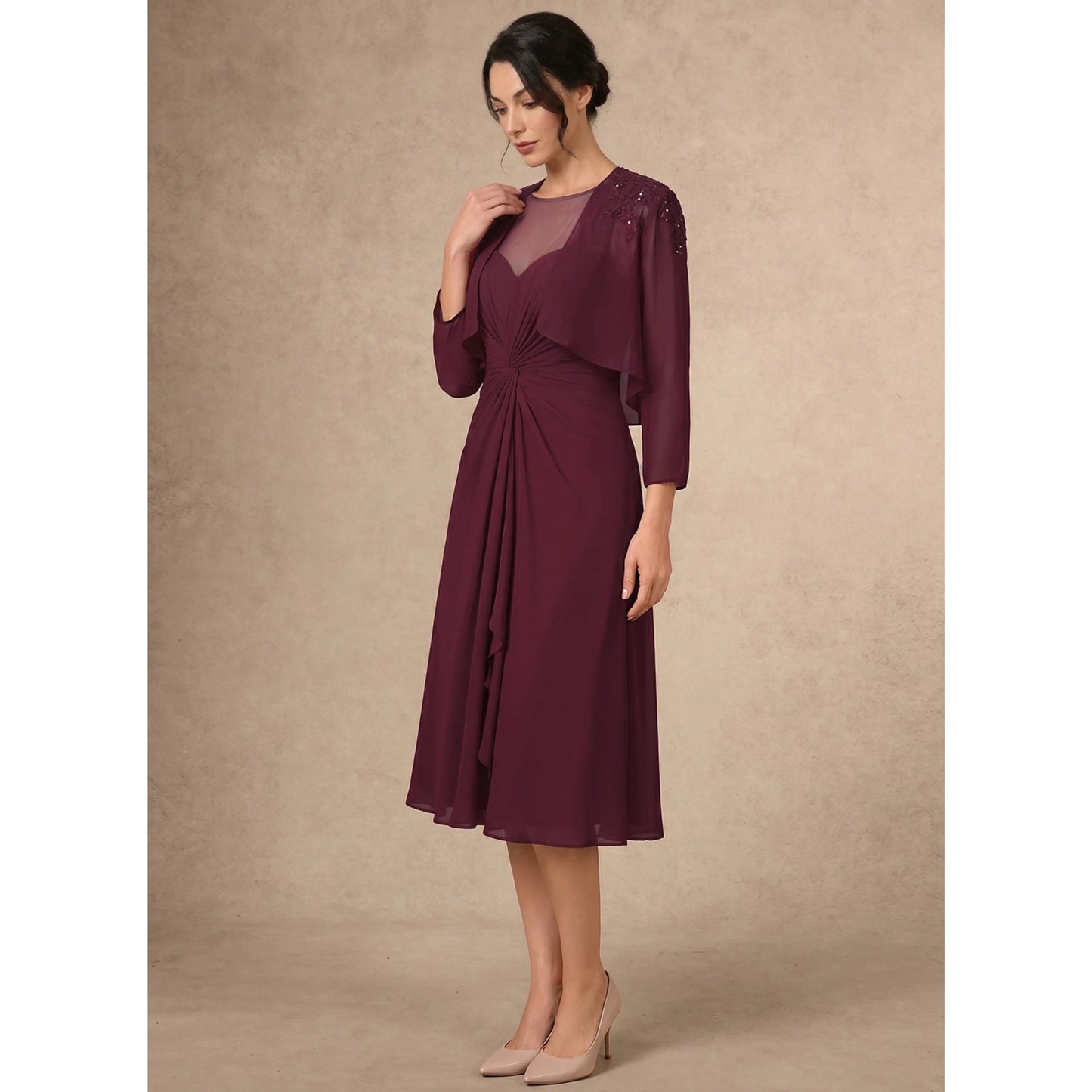Elegant A-Line Illusion Neck Embellished Burgundy Knee-Length Mother of the Bride Dress