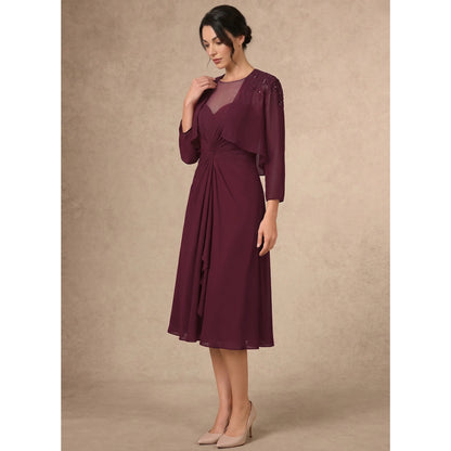Elegant A-Line Illusion Neck Embellished Burgundy Knee-Length Mother of the Bride Dress