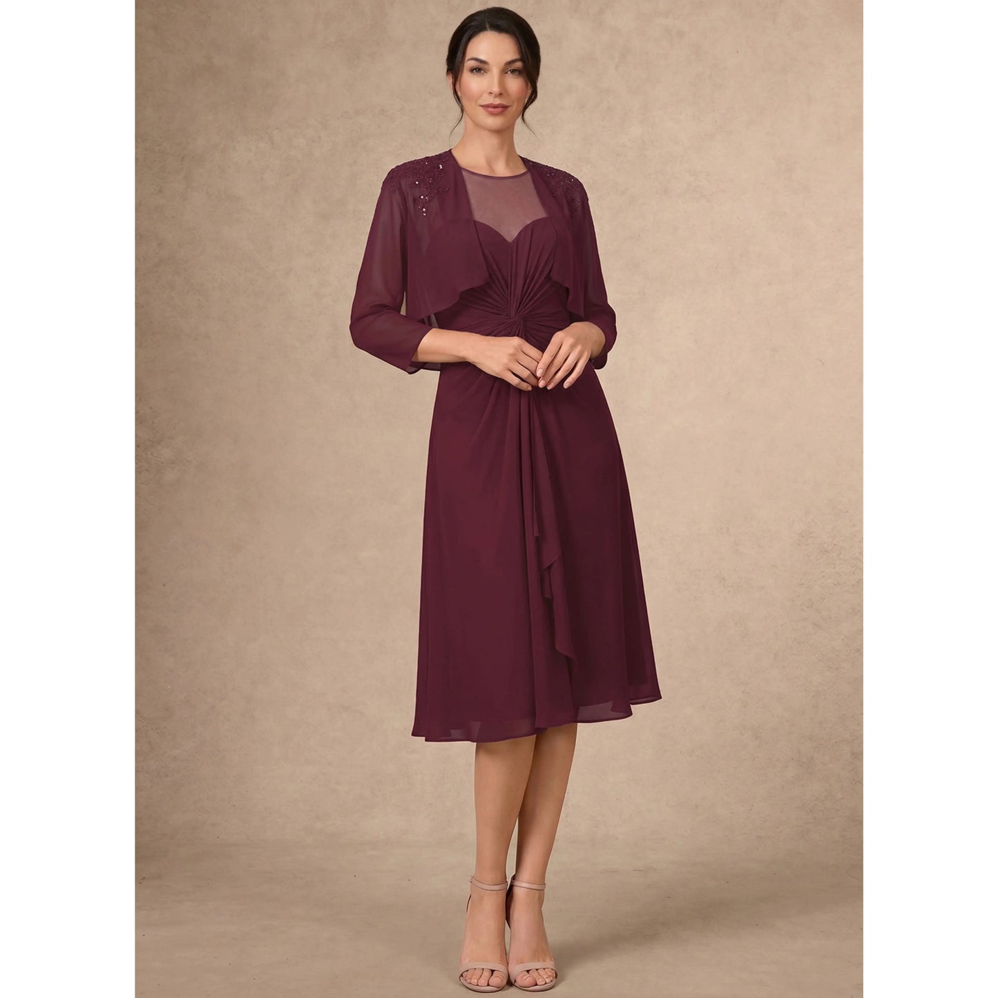 Elegant A-Line Illusion Neck Embellished Burgundy Knee-Length Mother of the Bride Dress