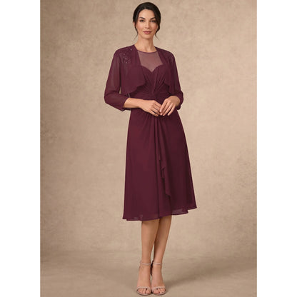 Elegant A-Line Illusion Neck Embellished Burgundy Knee-Length Mother of the Bride Dress
