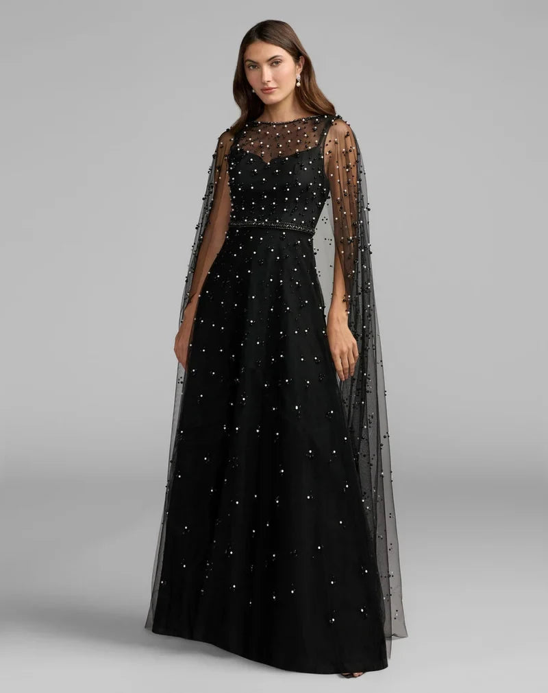 Elegant A-Line Illusion Round Neck Pearl Black Floor-Length Mother of the Bride Gown