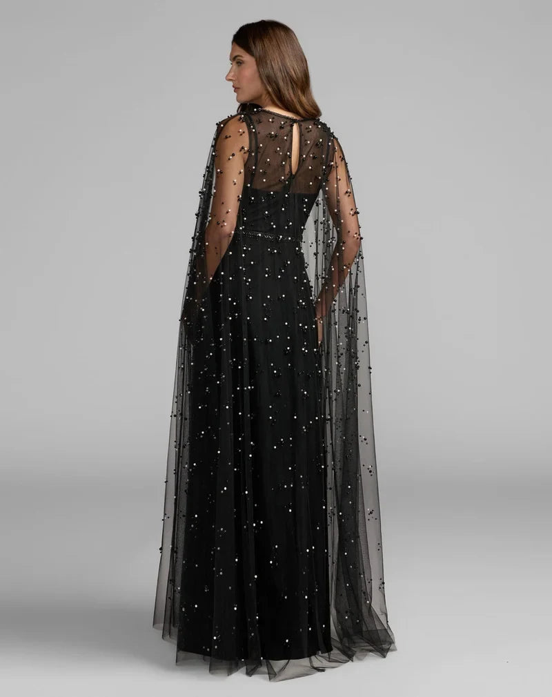 Elegant A-Line Illusion Round Neck Pearl Black Floor-Length Mother of the Bride Gown