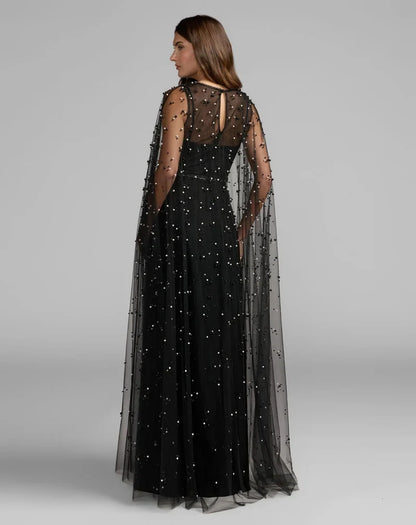 Elegant A-Line Illusion Round Neck Pearl Black Floor-Length Mother of the Bride Gown