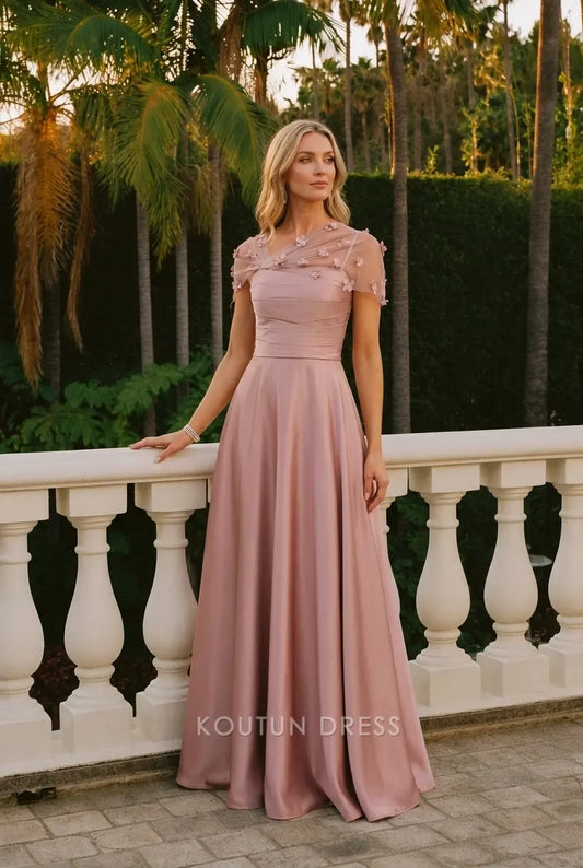 Elegant A-Line Illusion Short Sleeve Floral Dusty Pink Floor-Length Prom Gown