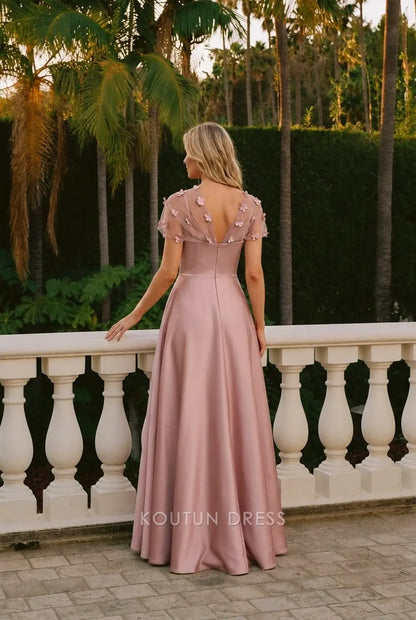 Elegant A-Line Illusion Short Sleeve Floral Dusty Pink Floor-Length Prom Gown