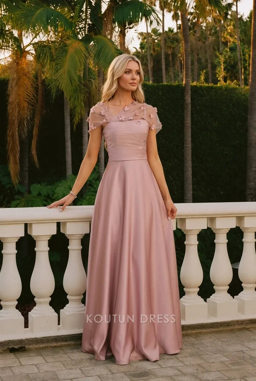 Elegant A-Line Illusion Short Sleeve Floral Dusty Pink Floor-Length Prom Gown