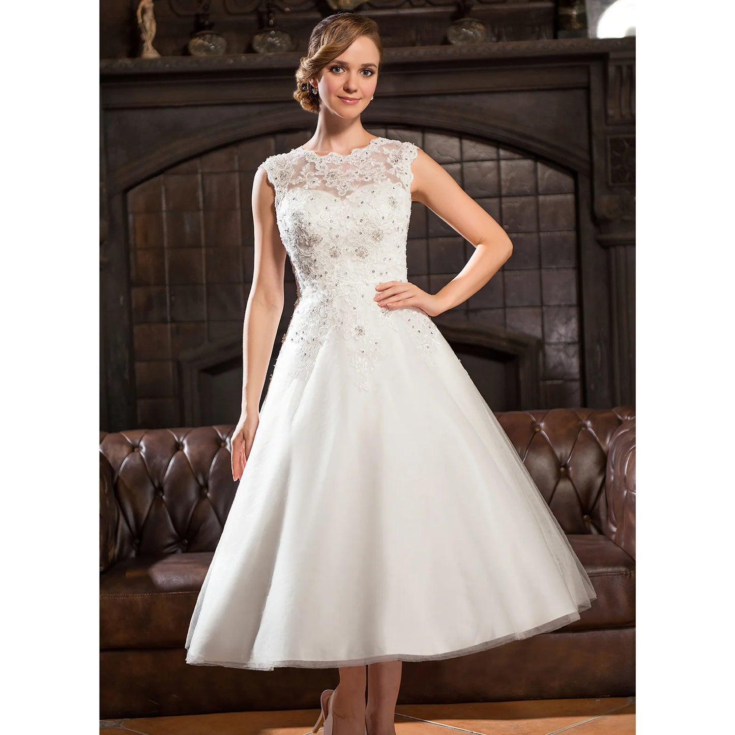 Elegant A-Line Illusion Sleeveless Beaded Lace White Tea-Length Wedding Bridal Gown