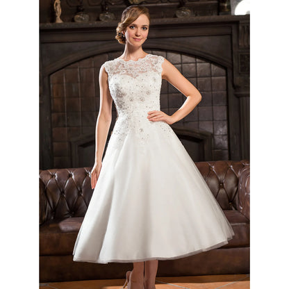 Elegant A-Line Illusion Sleeveless Beaded Lace White Tea-Length Wedding Bridal Gown