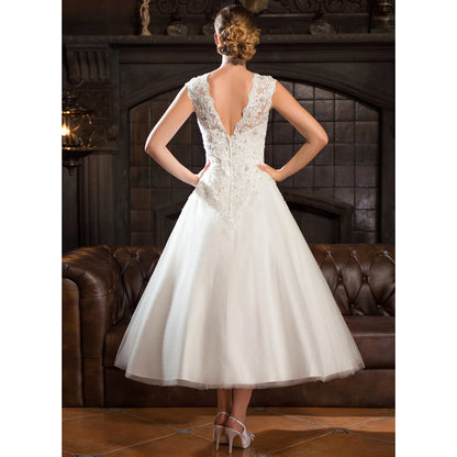 Elegant A-Line Illusion Sleeveless Beaded Lace White Tea-Length Wedding Bridal Gown