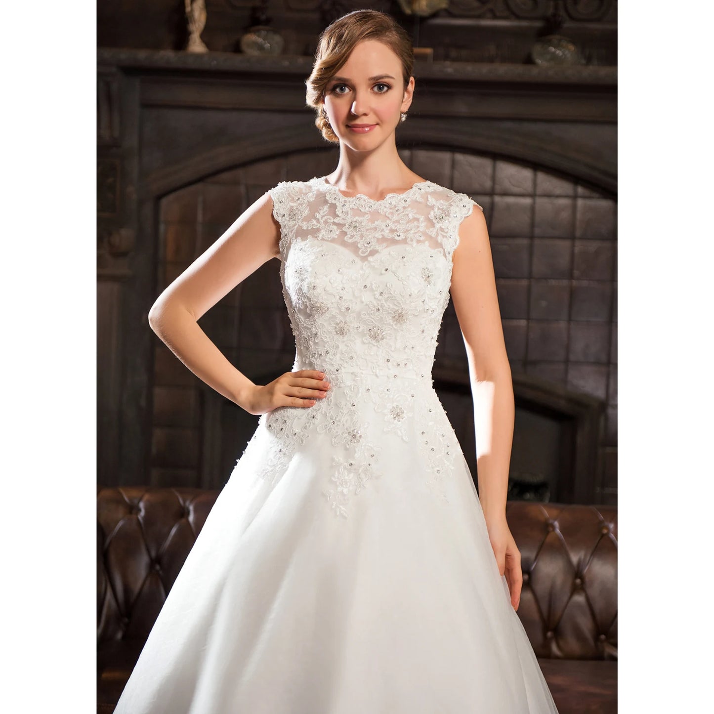 Elegant A-Line Illusion Sleeveless Beaded Lace White Tea-Length Wedding Bridal Gown