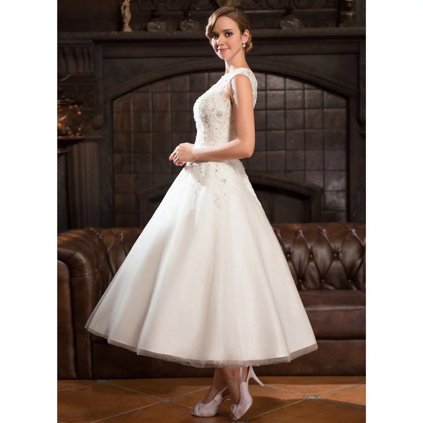 Elegant A-Line Illusion Sleeveless Beaded Lace White Tea-Length Wedding Bridal Gown