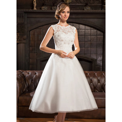 Elegant A-Line Illusion Sleeveless Beaded Lace White Tea-Length Wedding Bridal Gown