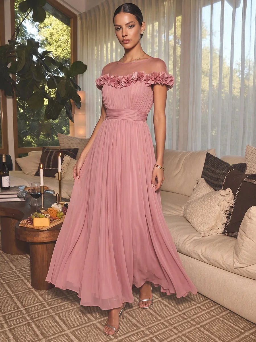 Elegant A-Line Illusion Sleeveless Floral Pleated Pink Maxi Prom Dresses Women