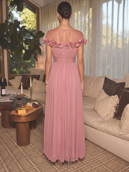 Elegant A-Line Illusion Sleeveless Floral Pleated Pink Maxi Prom Dresses Women