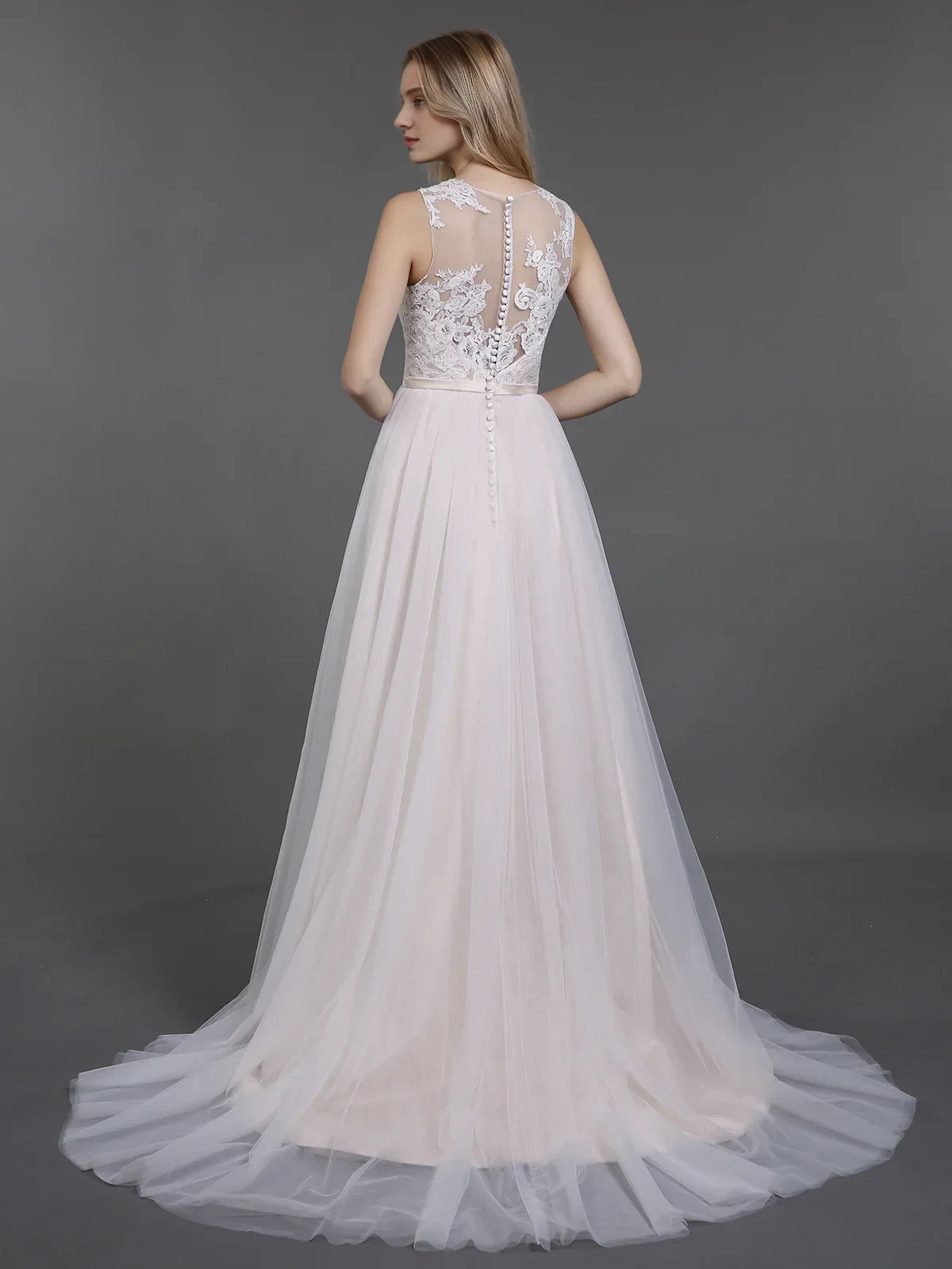 Elegant A-Line Illusion Sleeveless Lace Tulle Blush Floor-Length Wedding Gown